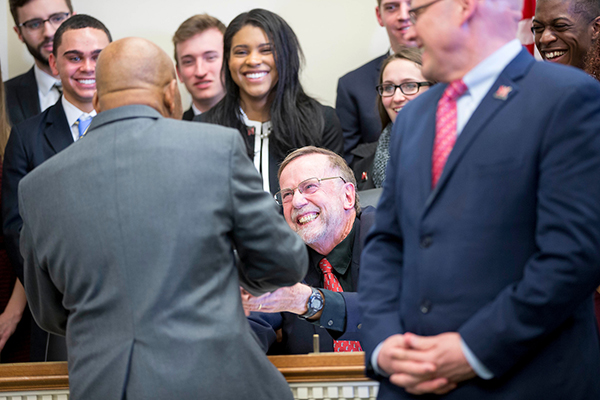 Rick Momeyer congratulates U.S. Rep. John Lewis, the first recipient of the Freedom Summer of '64 Award in 2018.